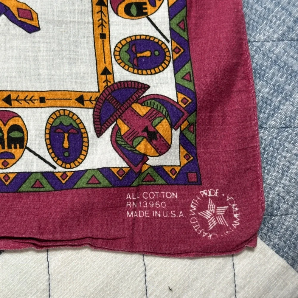Vintage Tribal Mask Shield All Cotton Bandana Made in USA RN13960 Burgundy Multi